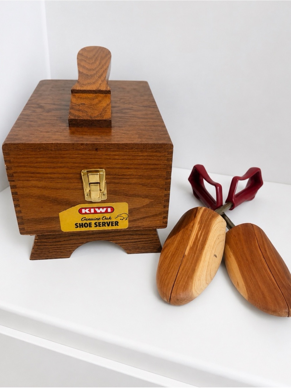 Vintage Kiwi Oak Shoe Server with vintage Red-Handled Cedar Shoe Trees